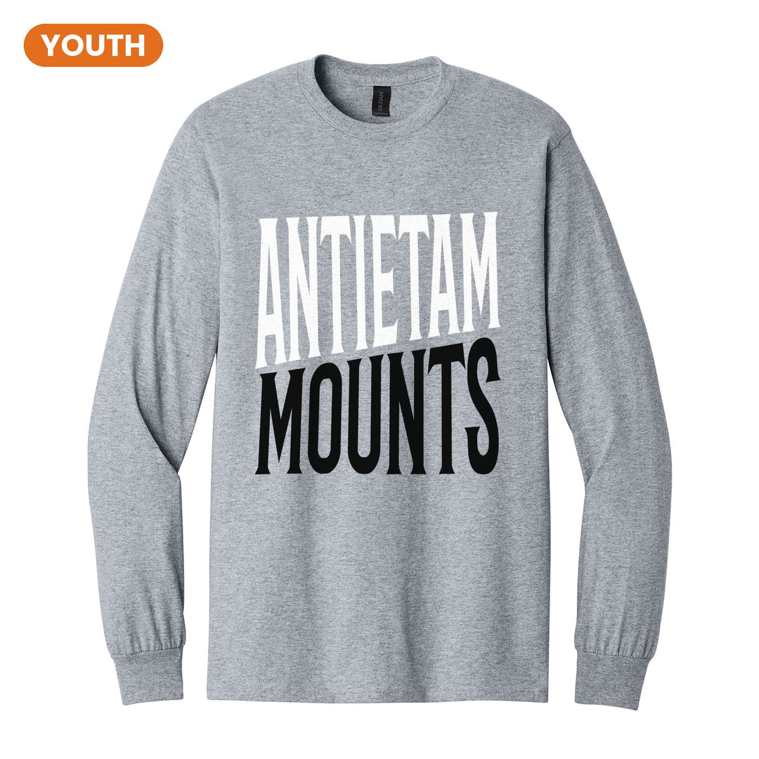 Antietam Mountaineers Block Stack youth long sleeve t-shirt in Sport Grey: tall ANTIETAM stacked over MOUNTS in condensed block letters