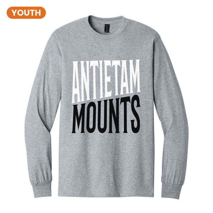 Antietam Mountaineers Block Stack youth long sleeve t-shirt in Sport Grey: tall ANTIETAM stacked over MOUNTS in condensed block letters