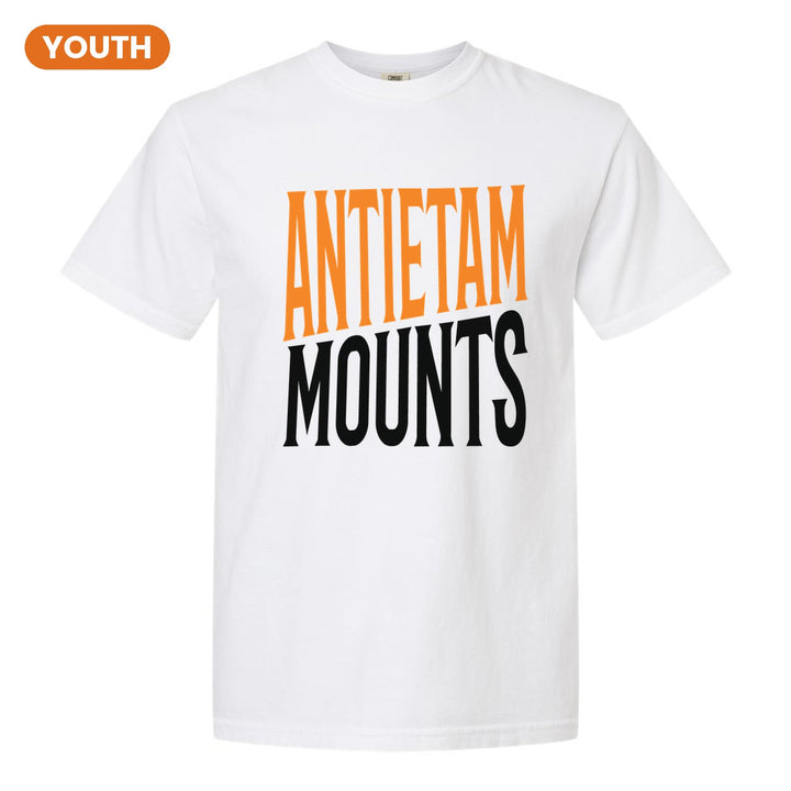 Antietam Mountaineers Block Stack youth comfort colors t-shirt in White: tall ANTIETAM stacked over MOUNTS in condensed block letters