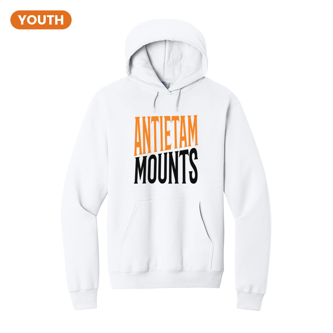Antietam Mountaineers Block Stack youth hoodie in White: tall ANTIETAM stacked over MOUNTS in condensed block letters