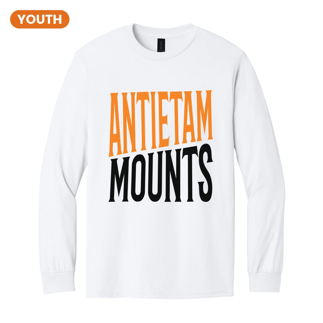 Antietam Mountaineers Block Stack youth long sleeve t-shirt in White: tall ANTIETAM stacked over MOUNTS in condensed block letters