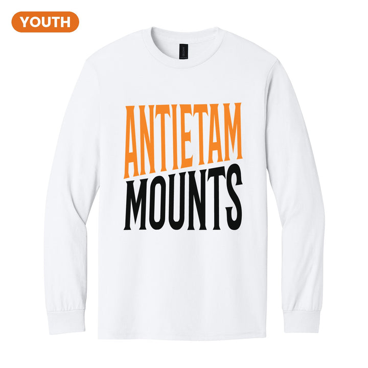 Antietam Mountaineers Block Stack youth long sleeve t-shirt in White: tall ANTIETAM stacked over MOUNTS in condensed block letters