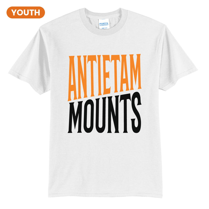 Antietam Mountaineers Block Stack youth t-shirt in White: tall ANTIETAM stacked over MOUNTS in condensed block letters