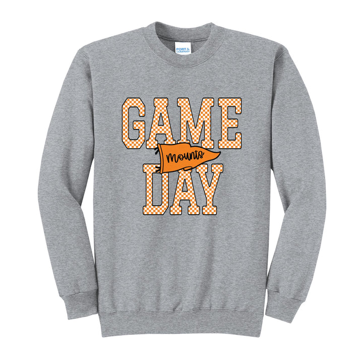 Antietam Mountaineers Game Day crewneck sweatshirt in Athletic Heather: checkered GAME DAY lettering with a Mounts pennant across the middle