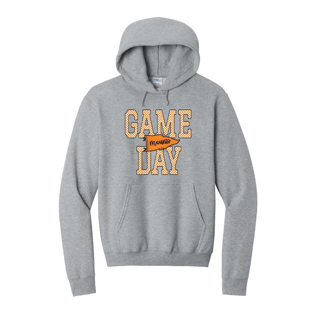 Antietam Mountaineers Game Day hoodie in Athletic Heather: checkered GAME DAY lettering with a Mounts pennant across the middle