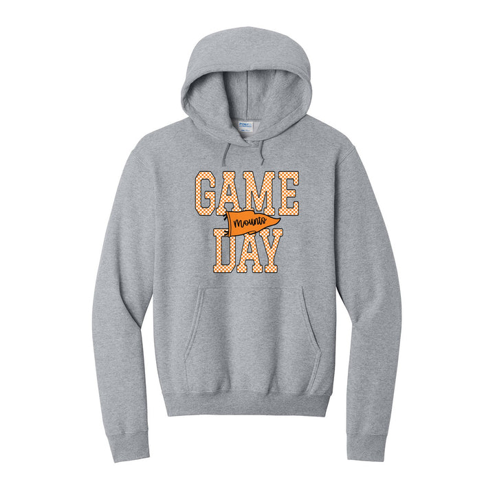Antietam Mountaineers Game Day hoodie in Athletic Heather: checkered GAME DAY lettering with a Mounts pennant across the middle