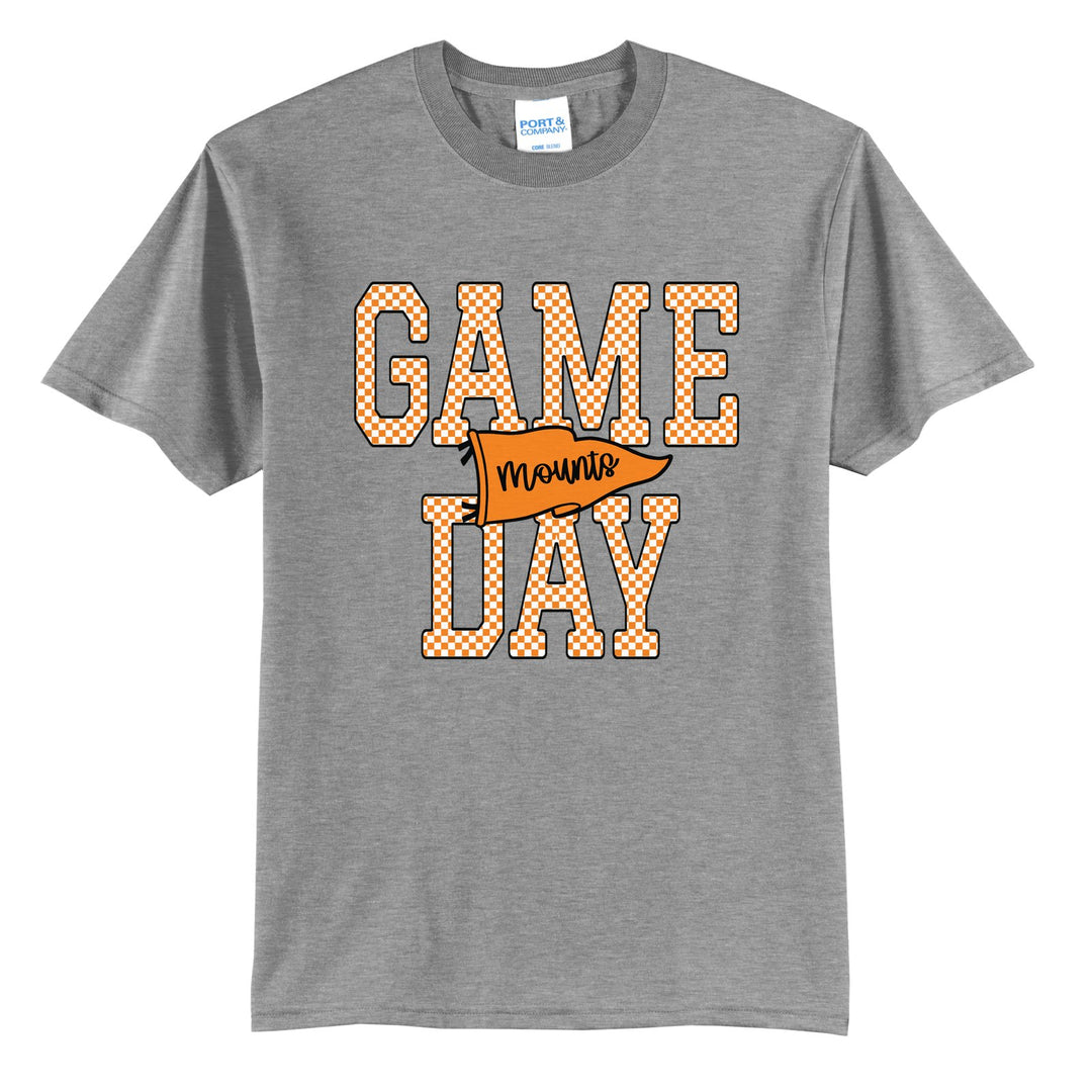 Antietam Mountaineers Game Day t-shirt in Athletic Heather: checkered GAME DAY lettering with a Mounts pennant across the middle