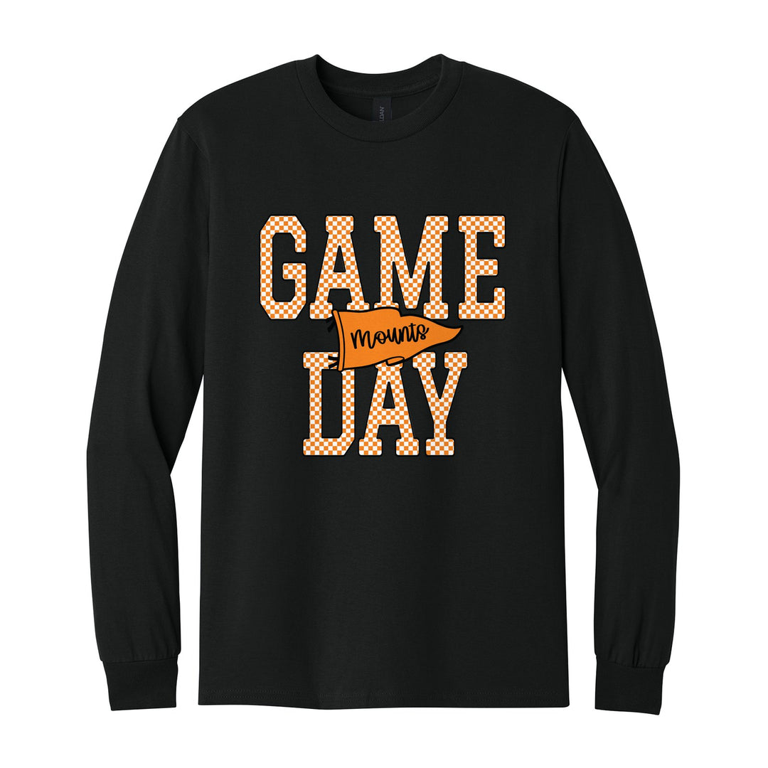 Antietam Mountaineers Game Day long sleeve t-shirt in Black: checkered GAME DAY lettering with a Mounts pennant across the middle