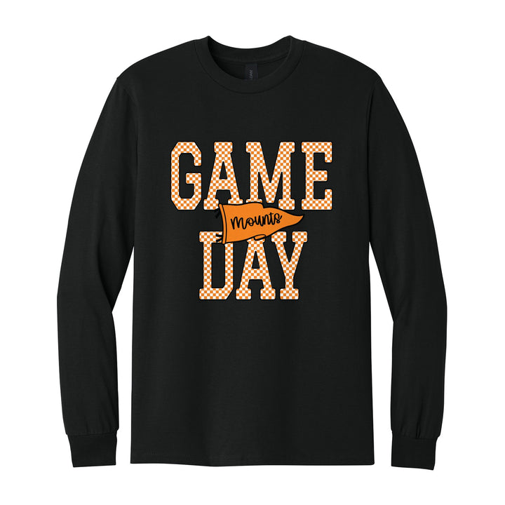Antietam Mountaineers Game Day long sleeve t-shirt in Black: checkered GAME DAY lettering with a Mounts pennant across the middle
