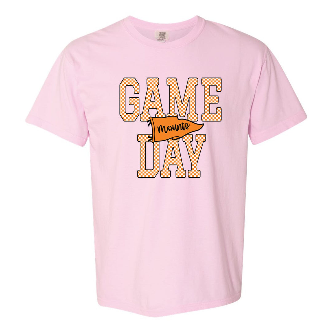 Antietam Mountaineers Game Day comfort colors t-shirt in Blossom: checkered GAME DAY lettering with a Mounts pennant across the middle