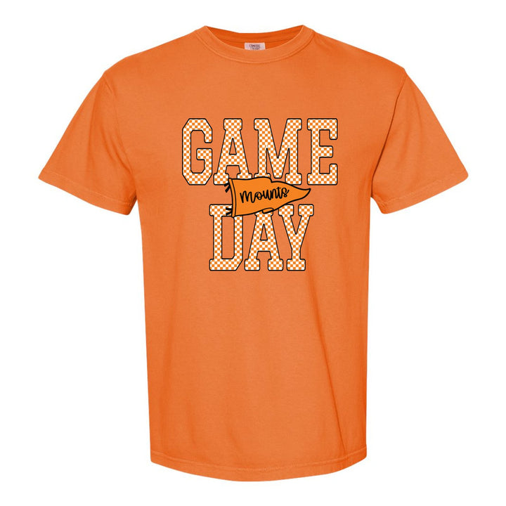 Antietam Mountaineers Game Day comfort colors t-shirt in Burnt Orange: checkered GAME DAY lettering with a Mounts pennant across the middle