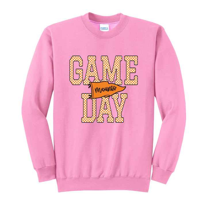Antietam Mountaineers Game Day crewneck sweatshirt in Candy Pink: checkered GAME DAY lettering with a Mounts pennant across the middle