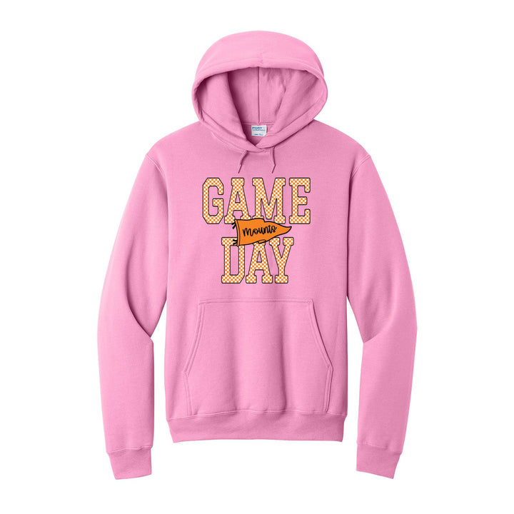 Antietam Mountaineers Game Day hoodie in Candy Pink: checkered GAME DAY lettering with a Mounts pennant across the middle