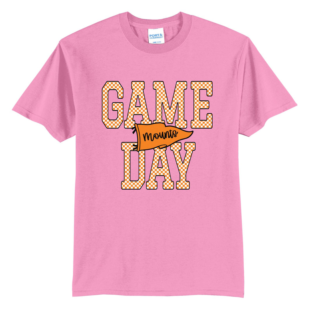 Antietam Mountaineers Game Day t-shirt in Candy Pink: checkered GAME DAY lettering with a Mounts pennant across the middle