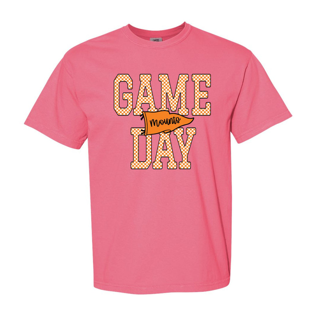 Antietam Mountaineers Game Day comfort colors t-shirt in Crunchberry: checkered GAME DAY lettering with a Mounts pennant across the middle