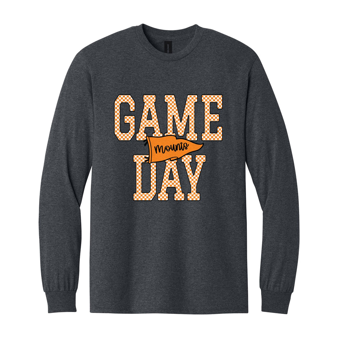 Antietam Mountaineers Game Day long sleeve t-shirt in Dark Heather: checkered GAME DAY lettering with a Mounts pennant across the middle