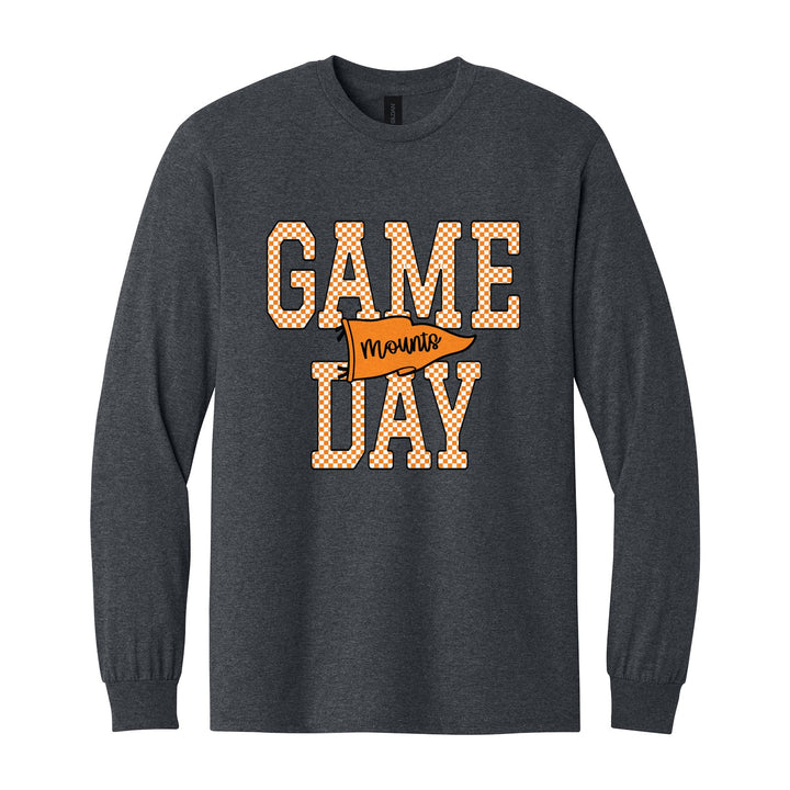 Antietam Mountaineers Game Day long sleeve t-shirt in Dark Heather: checkered GAME DAY lettering with a Mounts pennant across the middle