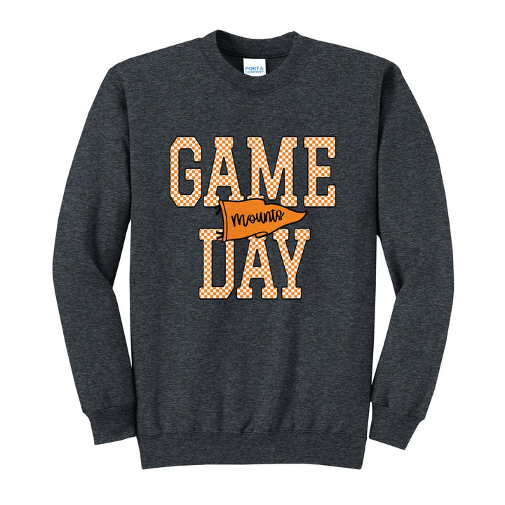 Antietam Mountaineers Game Day crewneck sweatshirt in Dark Heather Grey: checkered GAME DAY lettering with a Mounts pennant across the middle