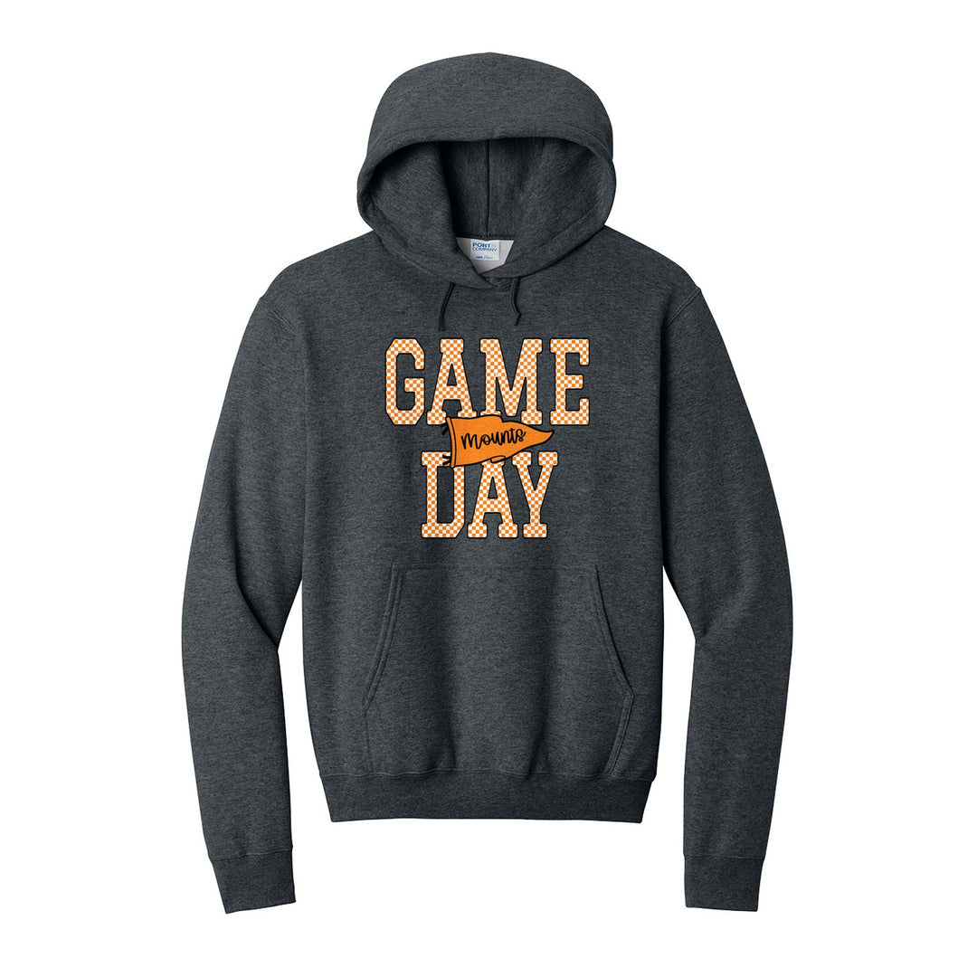 Antietam Mountaineers Game Day hoodie in Dark Heather Grey: checkered GAME DAY lettering with a Mounts pennant across the middle