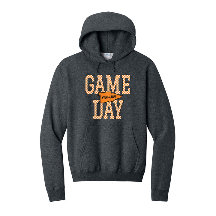 Antietam Mountaineers Game Day hoodie in Dark Heather Grey: checkered GAME DAY lettering with a Mounts pennant across the middle