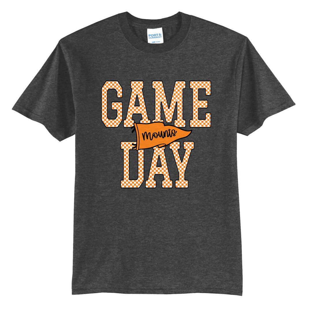 Antietam Mountaineers Game Day t-shirt in Dark Heather Grey: checkered GAME DAY lettering with a Mounts pennant across the middle