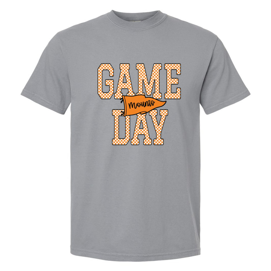 Antietam Mountaineers Game Day comfort colors t-shirt in Granite: checkered GAME DAY lettering with a Mounts pennant across the middle