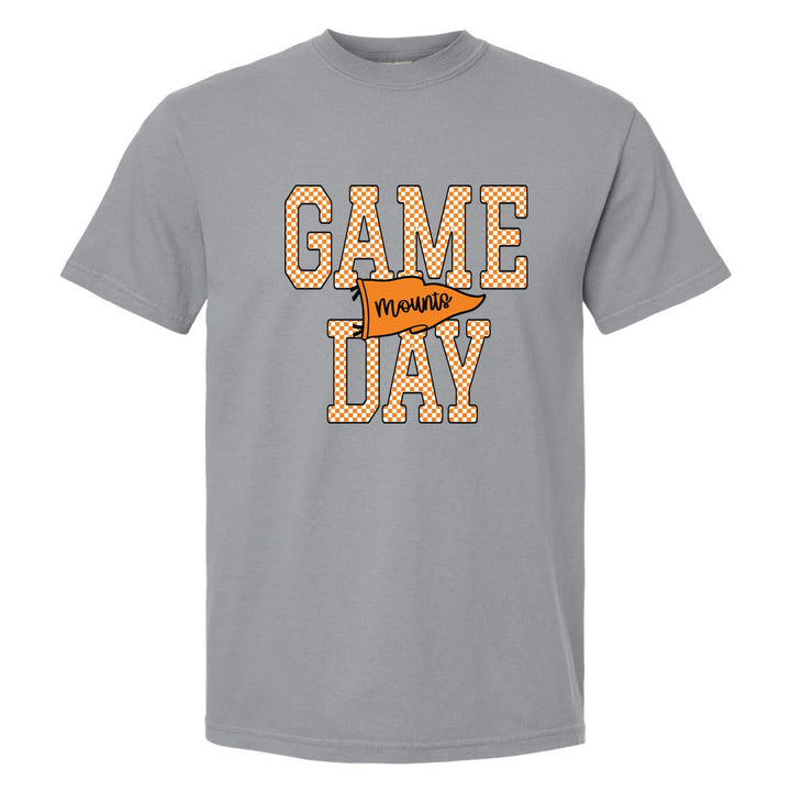 Antietam Mountaineers Game Day comfort colors t-shirt in Granite: checkered GAME DAY lettering with a Mounts pennant across the middle