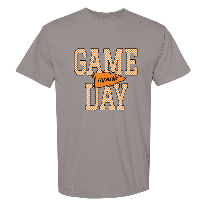 Antietam Mountaineers Game Day comfort colors t-shirt in Grey: checkered GAME DAY lettering with a Mounts pennant across the middle
