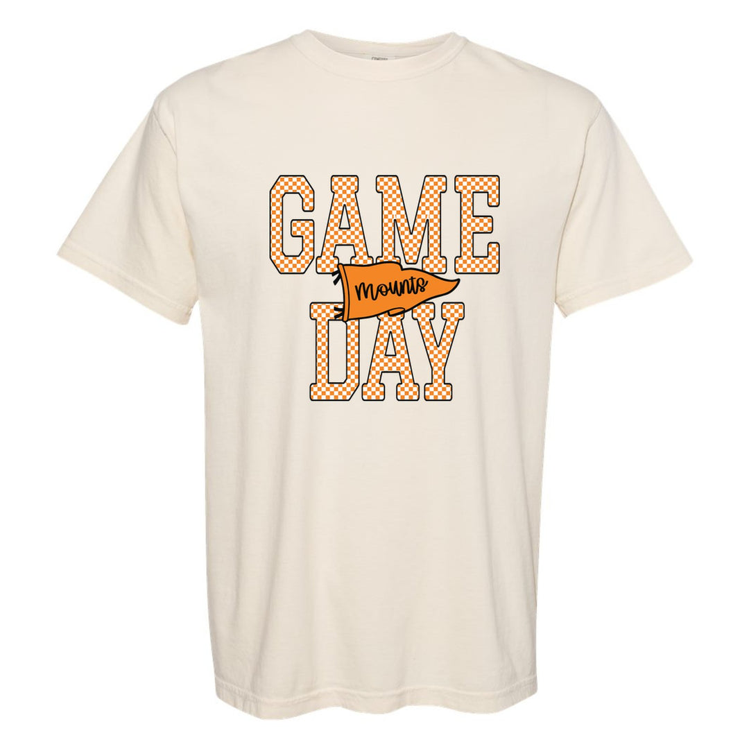 Antietam Mountaineers Game Day comfort colors t-shirt in Ivory: checkered GAME DAY lettering with a Mounts pennant across the middle