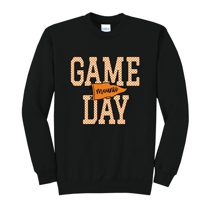 Antietam Mountaineers Game Day crewneck sweatshirt in Jet Black: checkered GAME DAY lettering with a Mounts pennant across the middle
