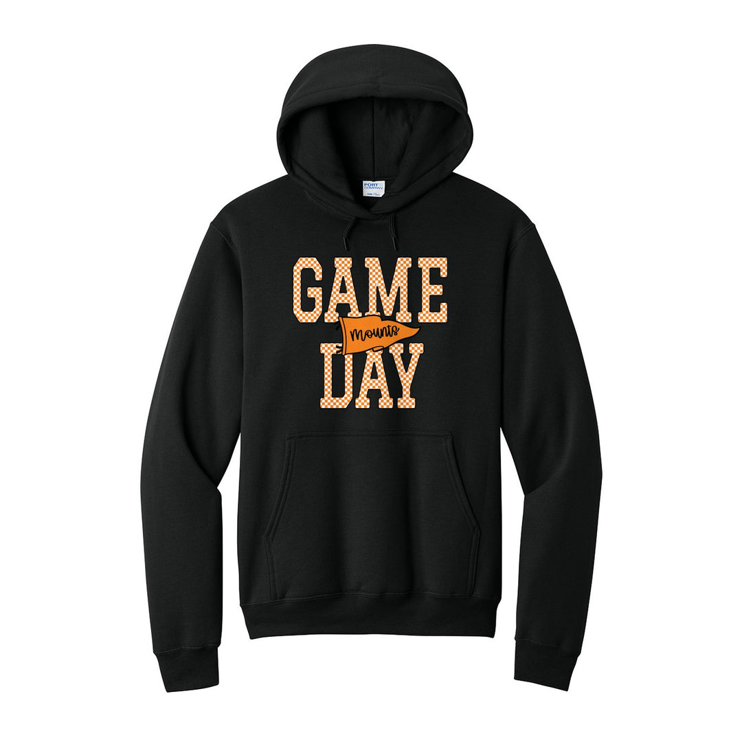 Antietam Mountaineers Game Day hoodie in Jet Black: checkered GAME DAY lettering with a Mounts pennant across the middle