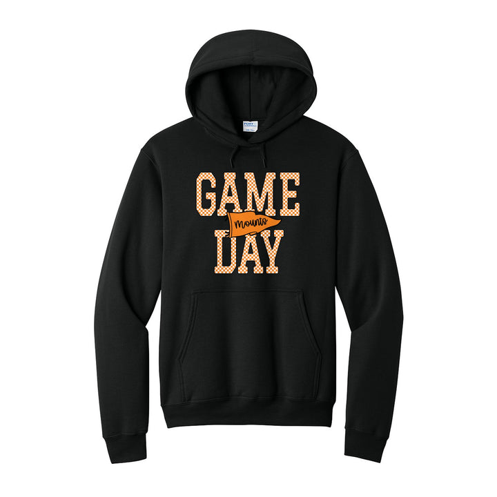 Antietam Mountaineers Game Day hoodie in Jet Black: checkered GAME DAY lettering with a Mounts pennant across the middle