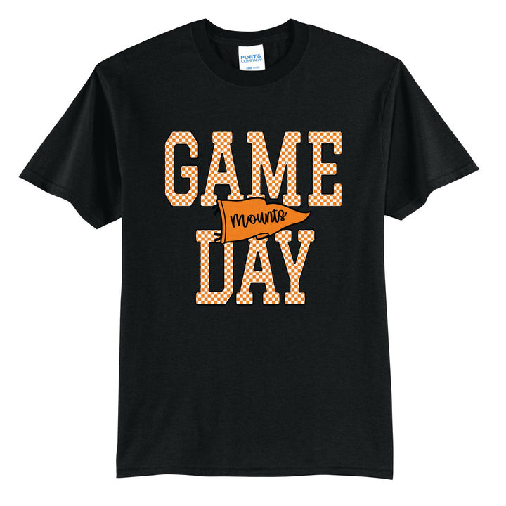 Antietam Mountaineers Game Day t-shirt in Jet Black: checkered GAME DAY lettering with a Mounts pennant across the middle
