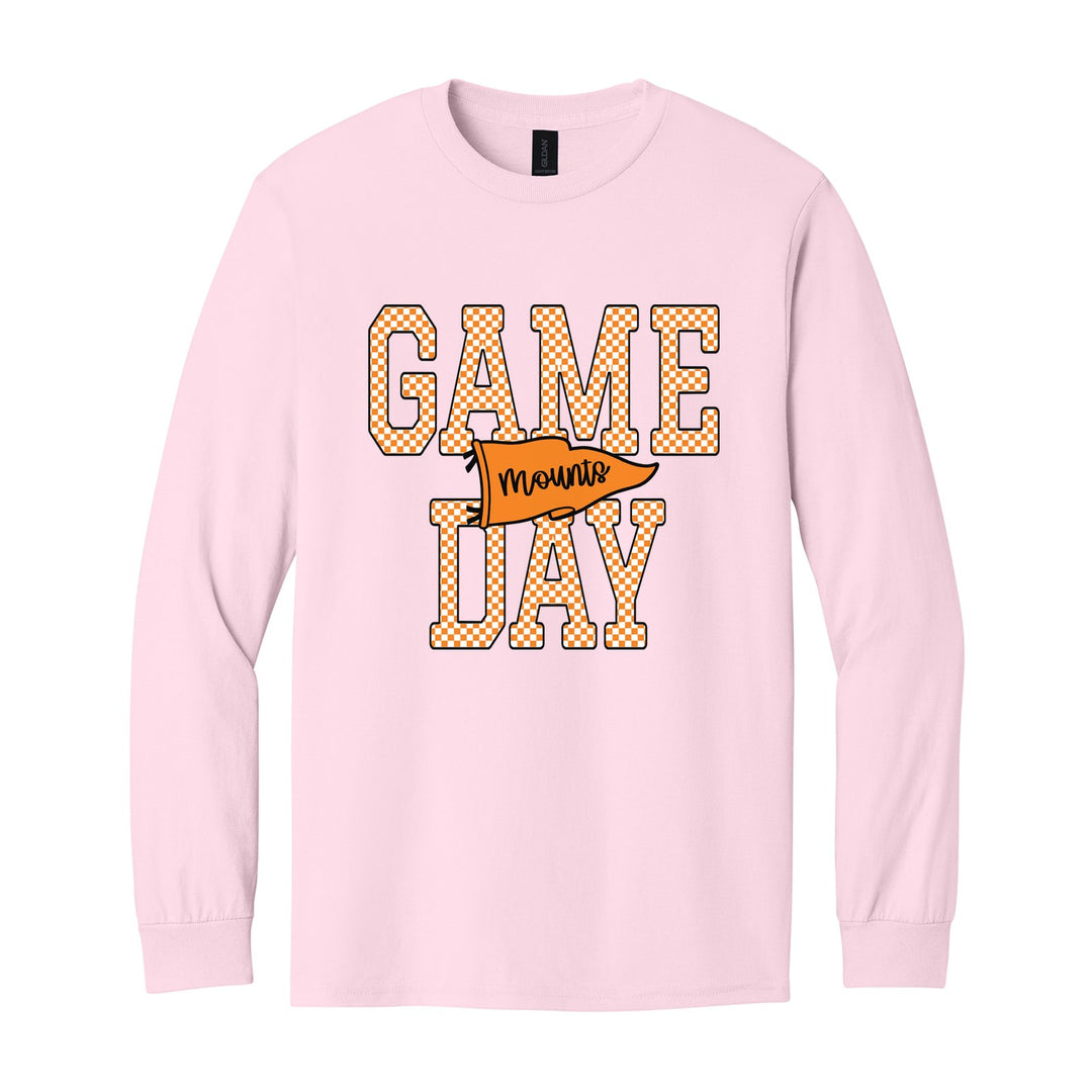 Antietam Mountaineers Game Day long sleeve t-shirt in Light Pink: checkered GAME DAY lettering with a Mounts pennant across the middle