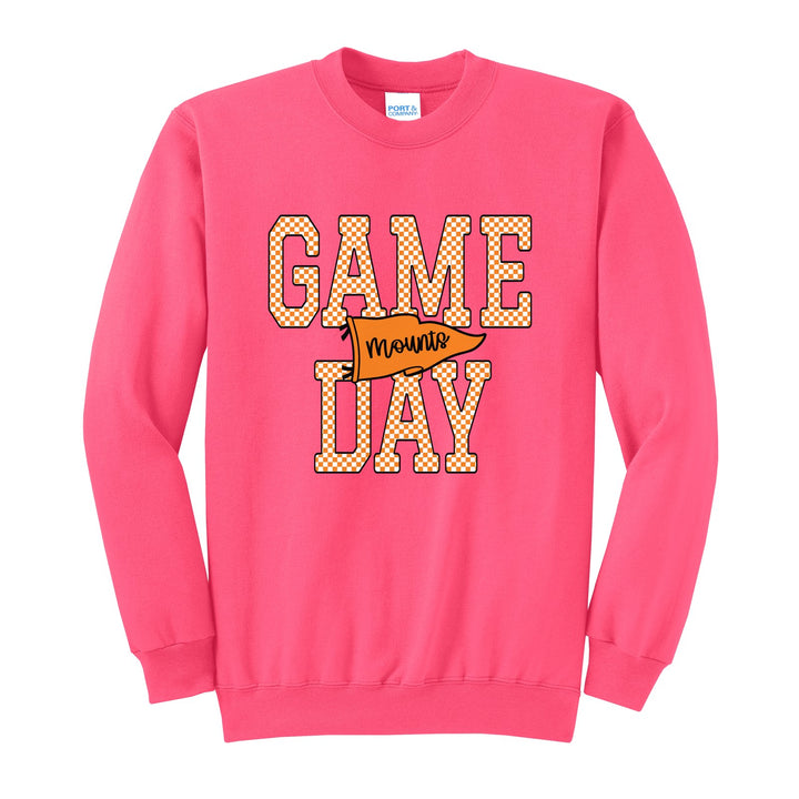 Antietam Mountaineers Game Day crewneck sweatshirt in Neon Pink: checkered GAME DAY lettering with a Mounts pennant across the middle