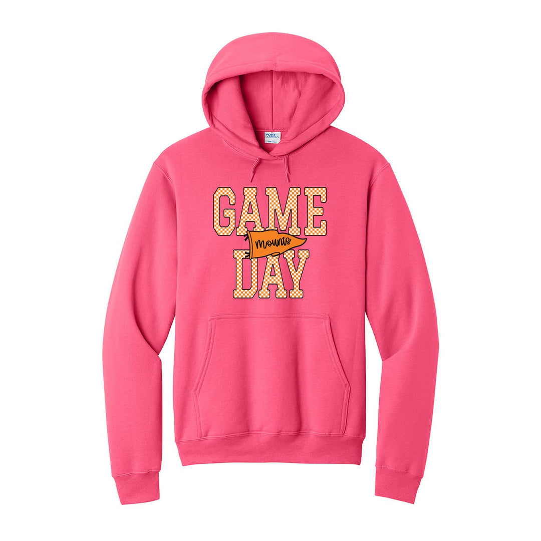 Antietam Mountaineers Game Day hoodie in Neon Pink: checkered GAME DAY lettering with a Mounts pennant across the middle