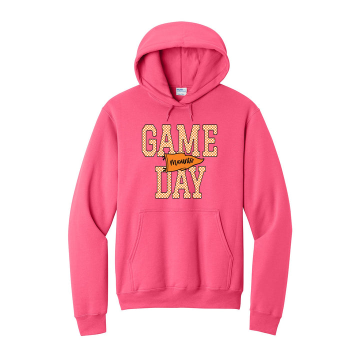 Antietam Mountaineers Game Day hoodie in Neon Pink: checkered GAME DAY lettering with a Mounts pennant across the middle
