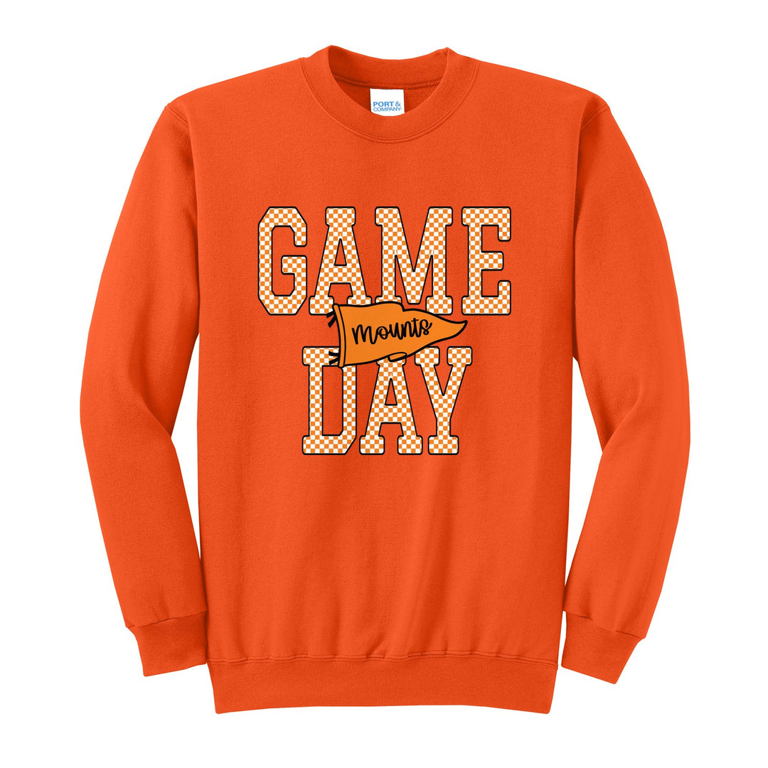 Antietam Mountaineers Game Day crewneck sweatshirt in Orange: checkered GAME DAY lettering with a Mounts pennant across the middle