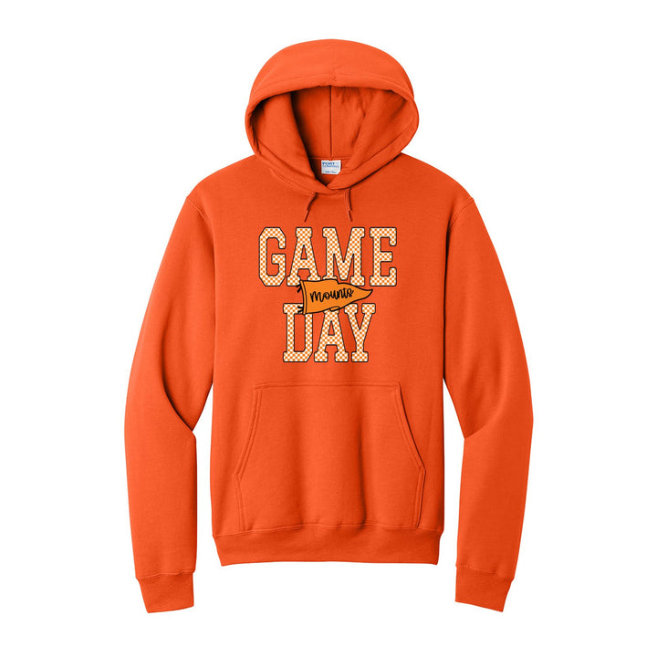 Antietam Mountaineers Game Day hoodie in Orange: checkered GAME DAY lettering with a Mounts pennant across the middle
