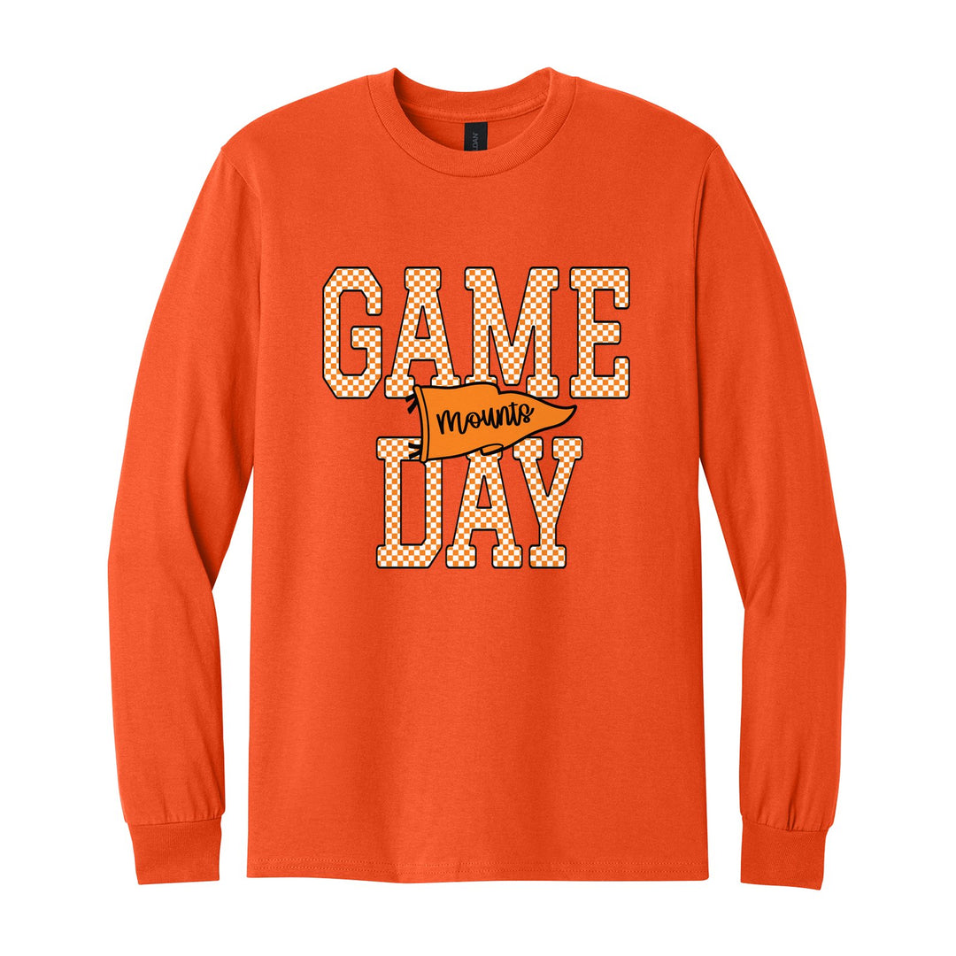 Antietam Mountaineers Game Day long sleeve t-shirt in Orange: checkered GAME DAY lettering with a Mounts pennant across the middle