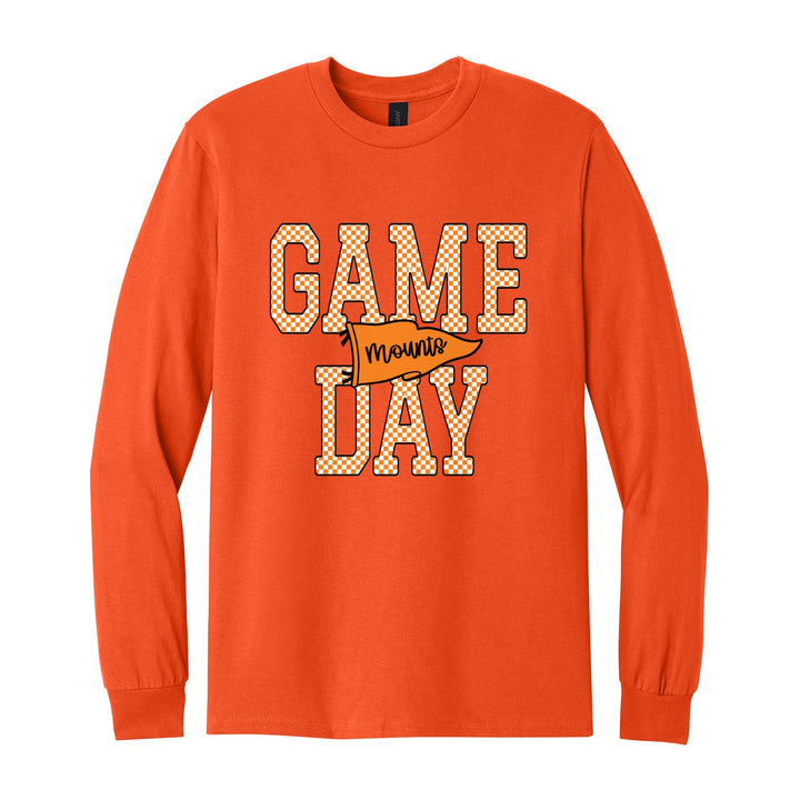 Antietam Mountaineers Game Day long sleeve t-shirt in Orange: checkered GAME DAY lettering with a Mounts pennant across the middle