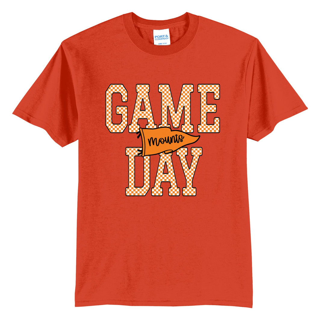 Antietam Mountaineers Game Day t-shirt in Orange: checkered GAME DAY lettering with a Mounts pennant across the middle