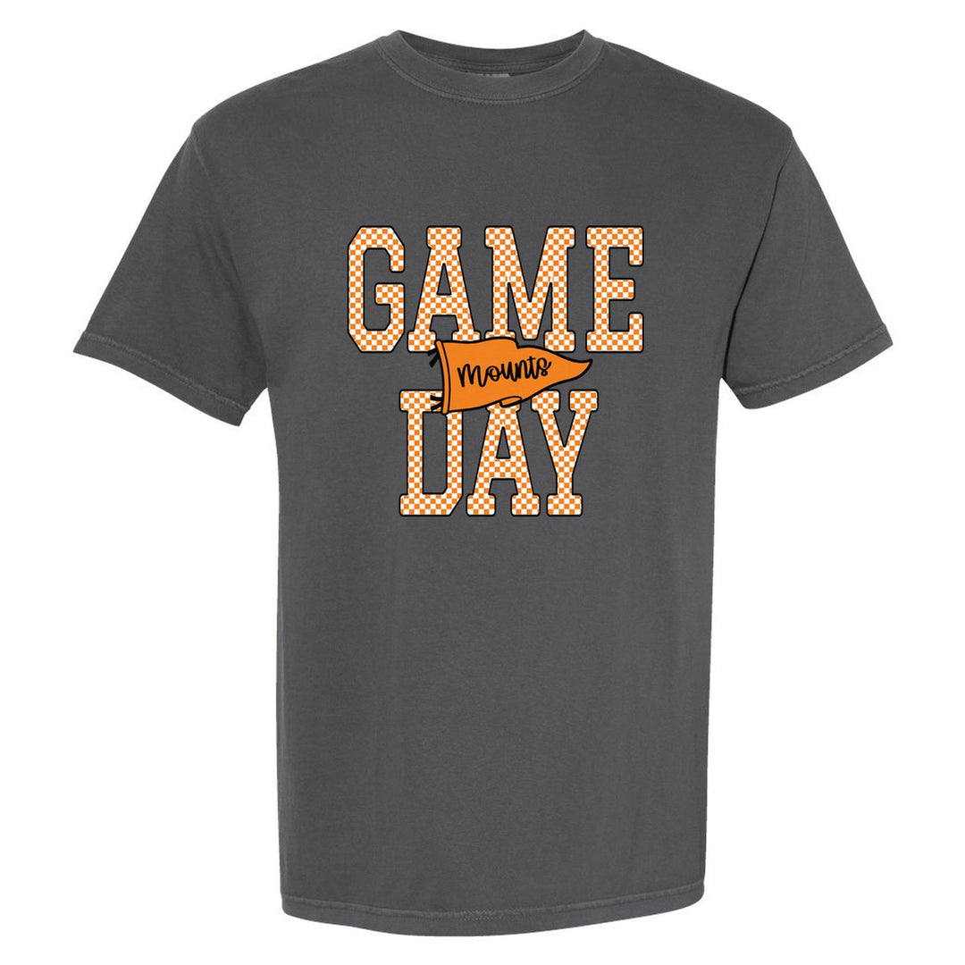 Antietam Mountaineers Game Day comfort colors t-shirt in Pepper: checkered GAME DAY lettering with a Mounts pennant across the middle