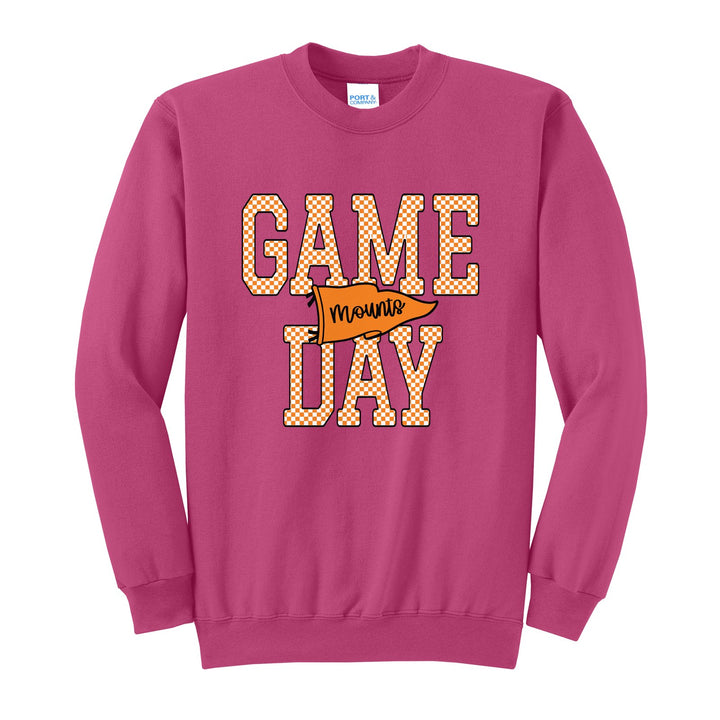 Antietam Mountaineers Game Day crewneck sweatshirt in Sangria: checkered GAME DAY lettering with a Mounts pennant across the middle
