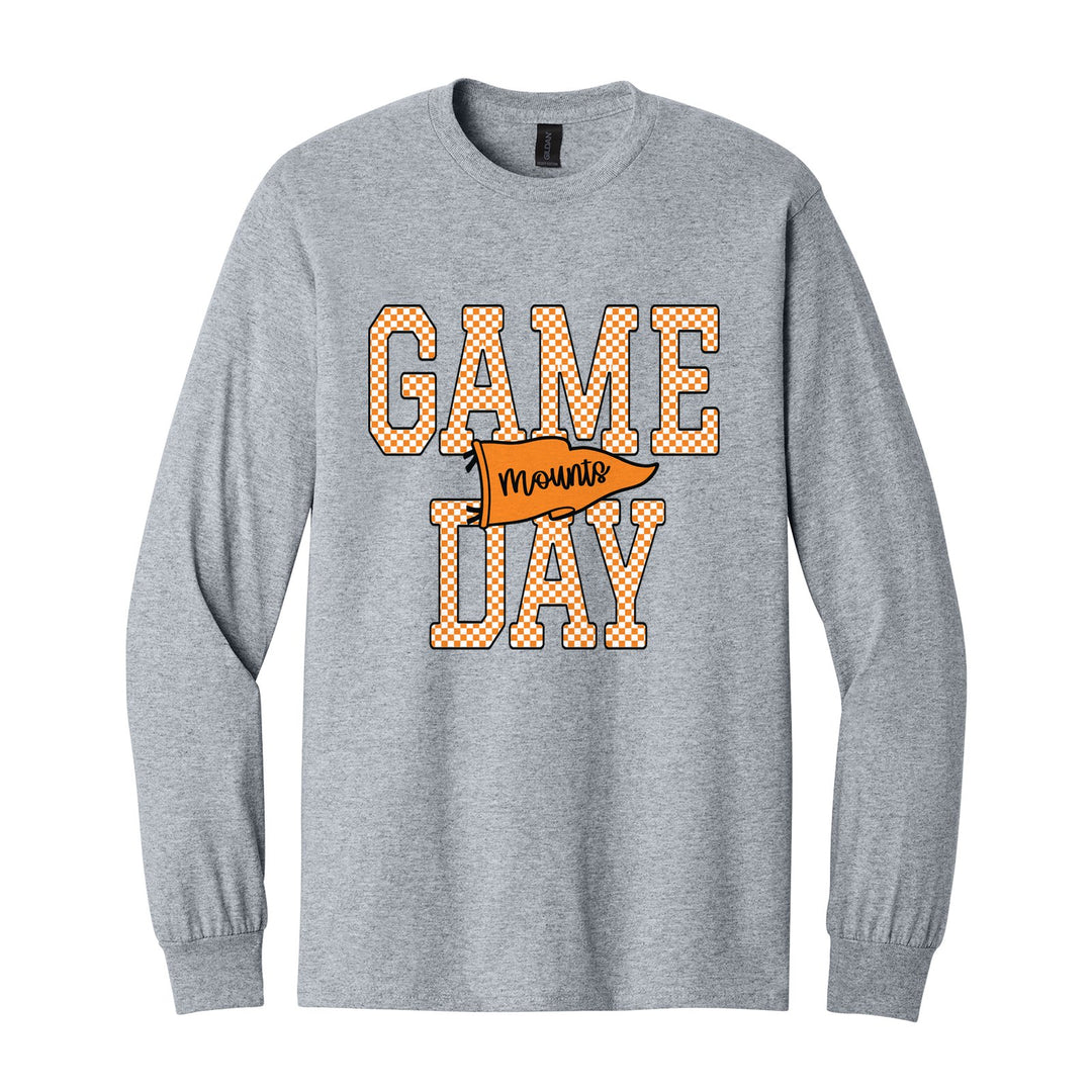 Antietam Mountaineers Game Day long sleeve t-shirt in Sport Grey: checkered GAME DAY lettering with a Mounts pennant across the middle