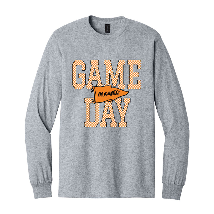 Antietam Mountaineers Game Day long sleeve t-shirt in Sport Grey: checkered GAME DAY lettering with a Mounts pennant across the middle