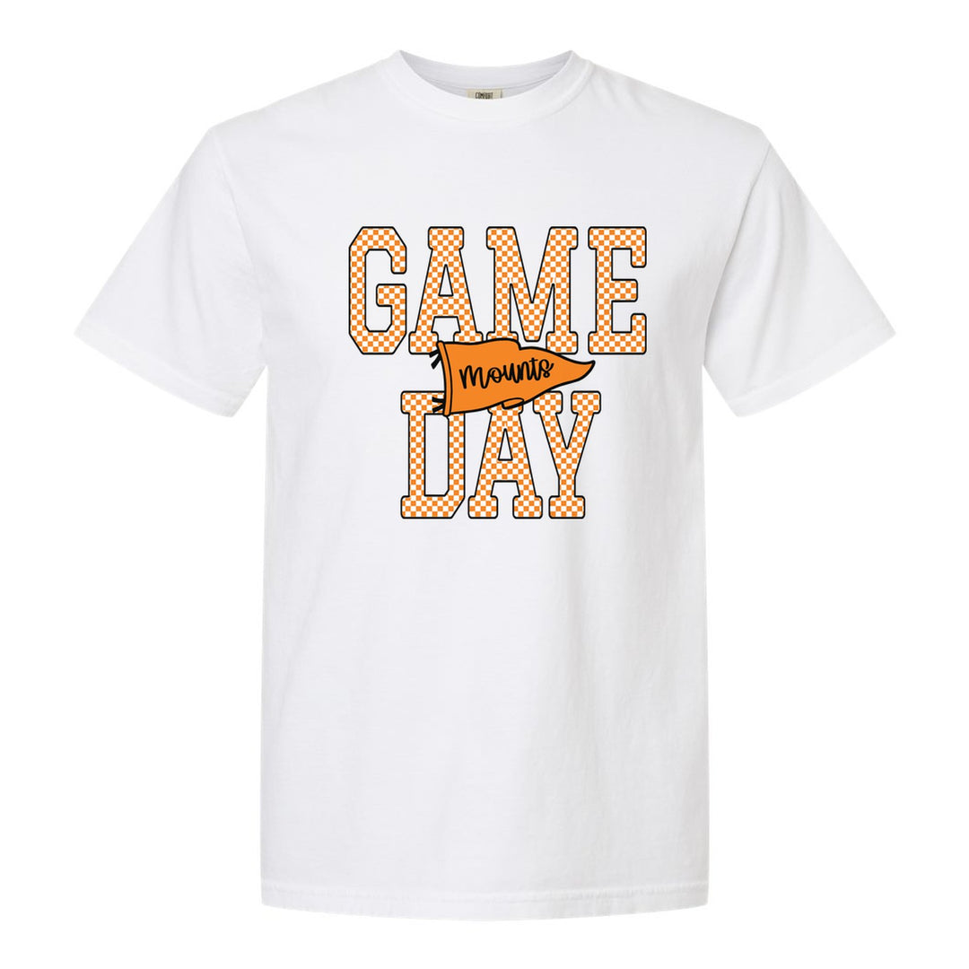 Antietam Mountaineers Game Day comfort colors t-shirt in White: checkered GAME DAY lettering with a Mounts pennant across the middle