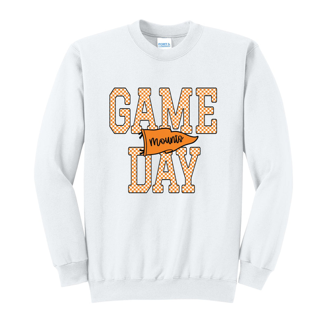 Antietam Mountaineers Game Day crewneck sweatshirt in White: checkered GAME DAY lettering with a Mounts pennant across the middle