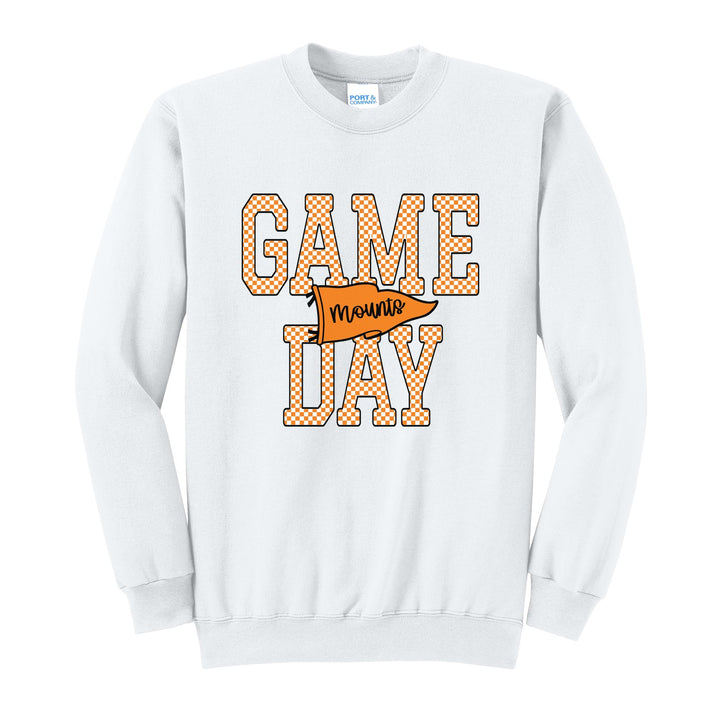 Antietam Mountaineers Game Day crewneck sweatshirt in White: checkered GAME DAY lettering with a Mounts pennant across the middle