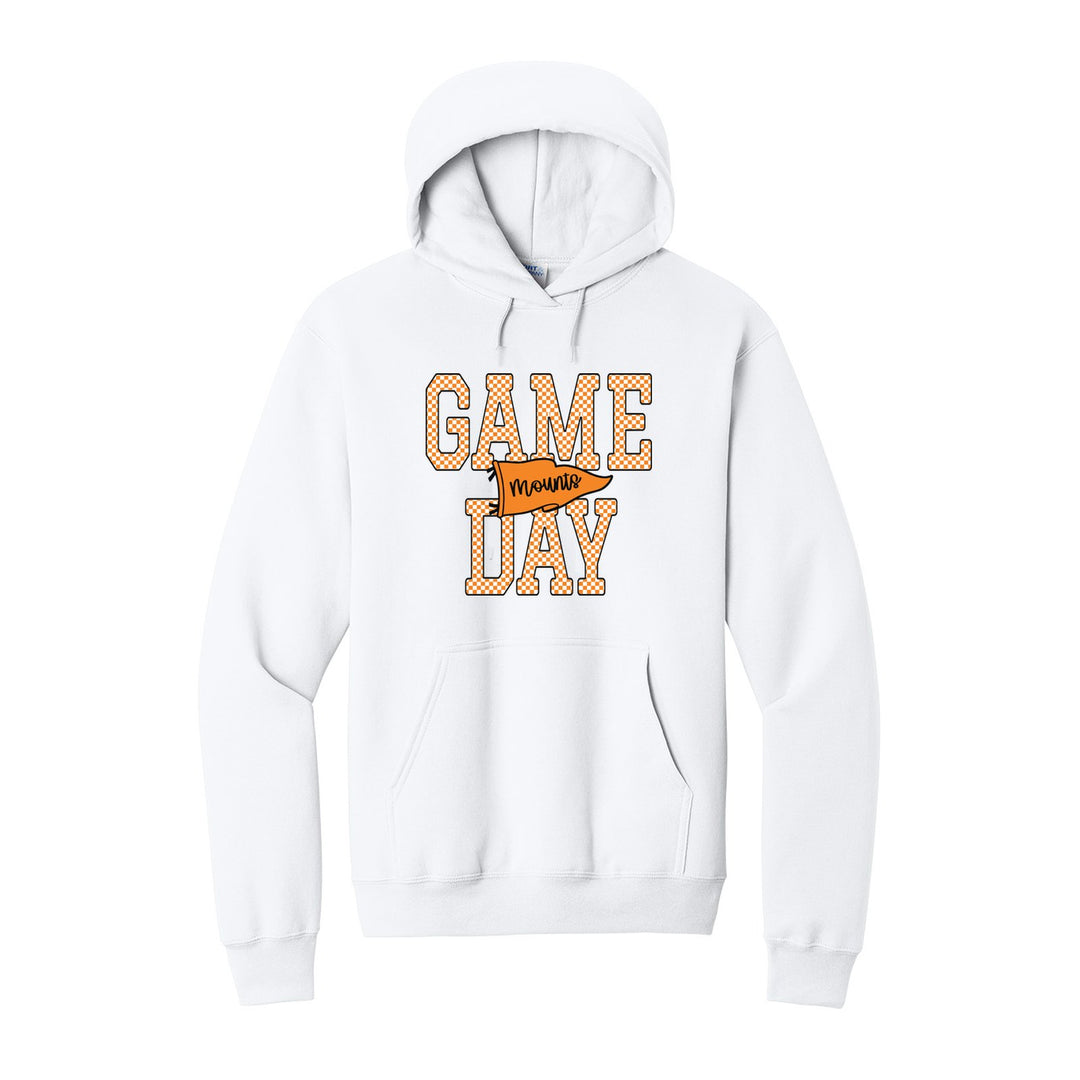 Antietam Mountaineers Game Day hoodie in White: checkered GAME DAY lettering with a Mounts pennant across the middle